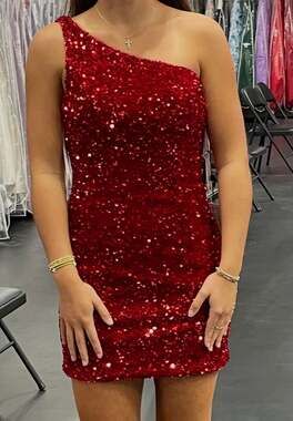 Sherri Hill 55116 Red One-Shoulder Sequin Mini Homecoming Dress Size 6